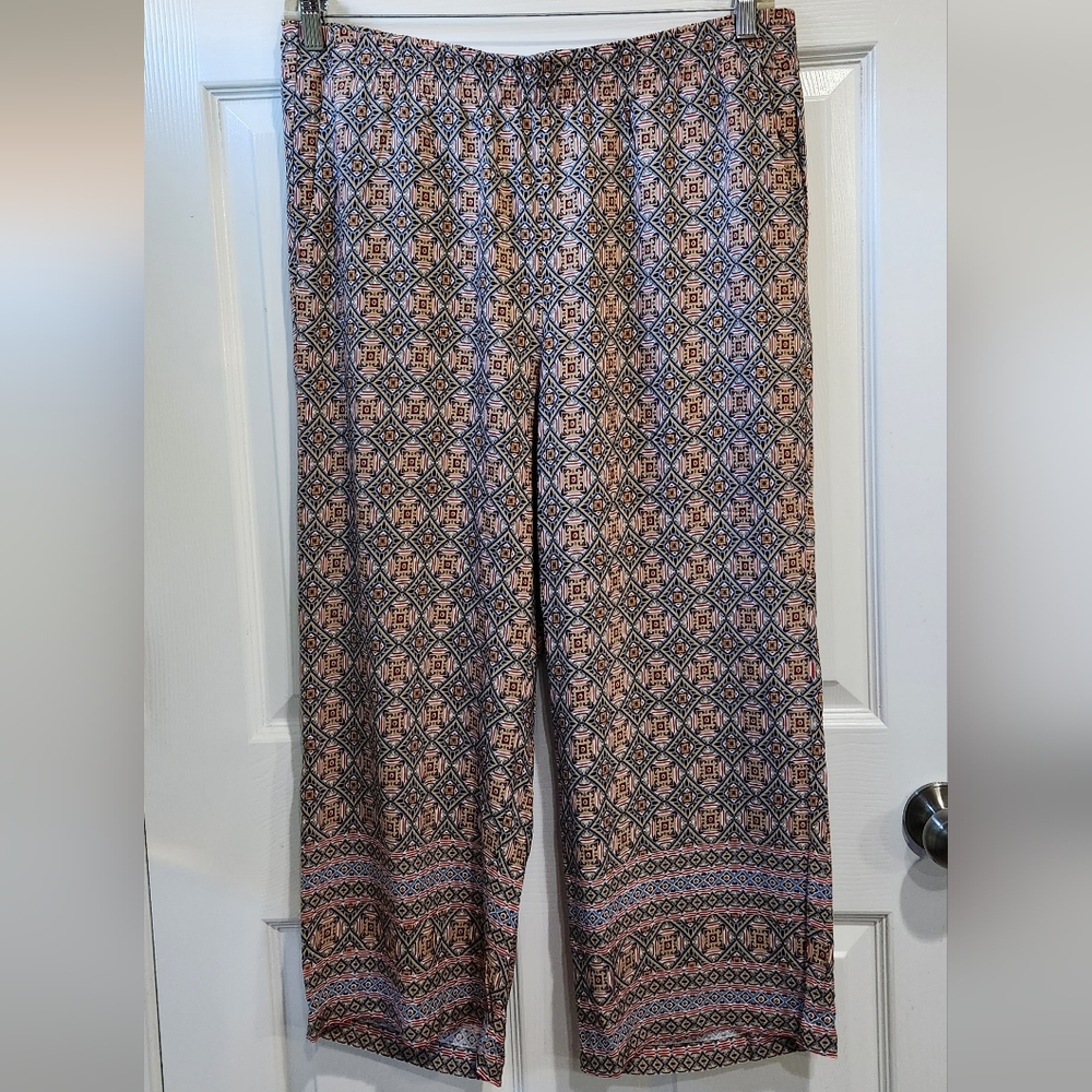 NWT J. Jill Pants Aztec Print Wheat Wide Leg Pockets Rayon Lagenlook Cro…